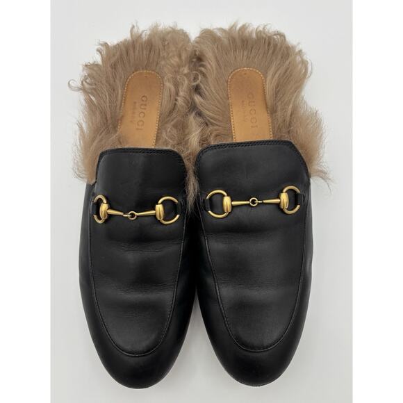Gucci Princetown Horsebit Accent Black Leather Mules Fur Lined Size 9 39 Loafers - Picture 4 of 16